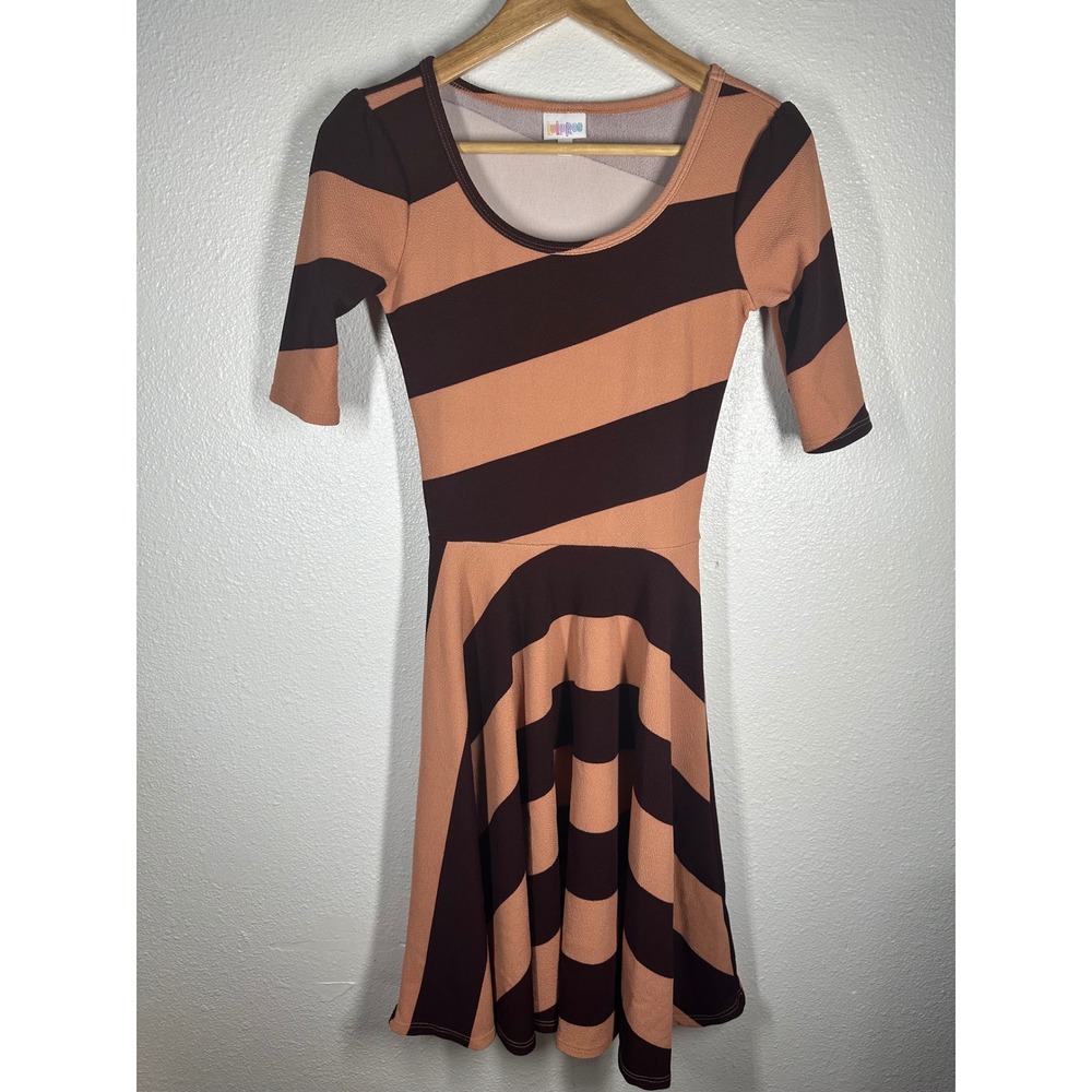 LuLaRoe Dress Womens‎ XXS Brown Peach Nicole Fit Flare Striped Elbow Sleeve